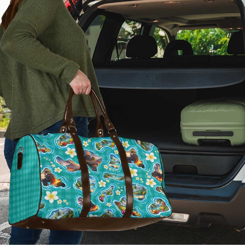 Hawaii Map with Plumeria Flower and Palaka Pattern Travel Bag Tropical Island Teal Design LT03 - Polynesian Pride