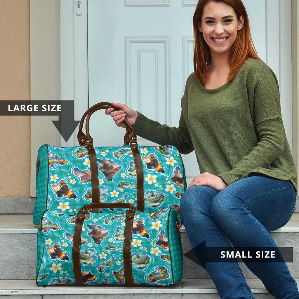 Hawaii Map with Plumeria Flower and Palaka Pattern Travel Bag Tropical Island Teal Design LT03 - Polynesian Pride