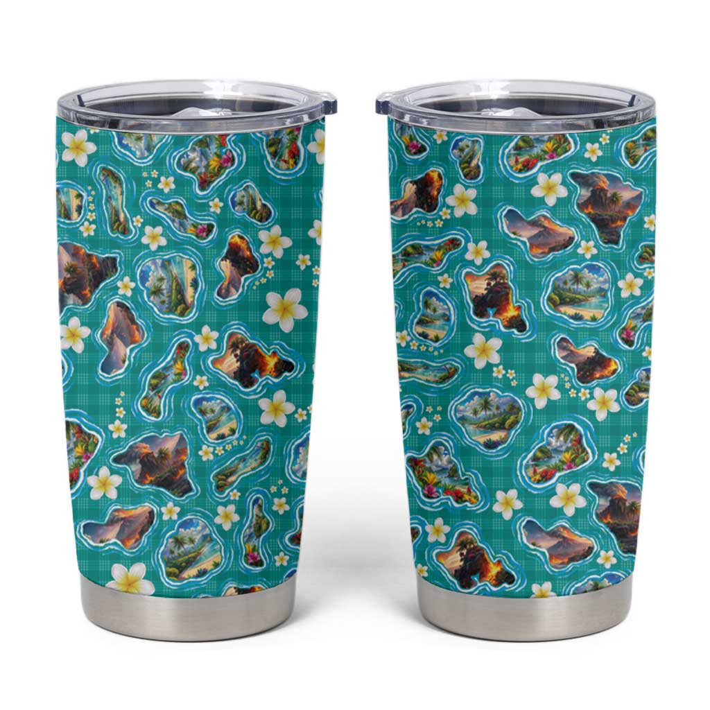 Hawaii Map with Plumeria Flower and Palaka Pattern Tumbler Cup Tropical Island Teal Design LT03 Teal - Polynesian Pride