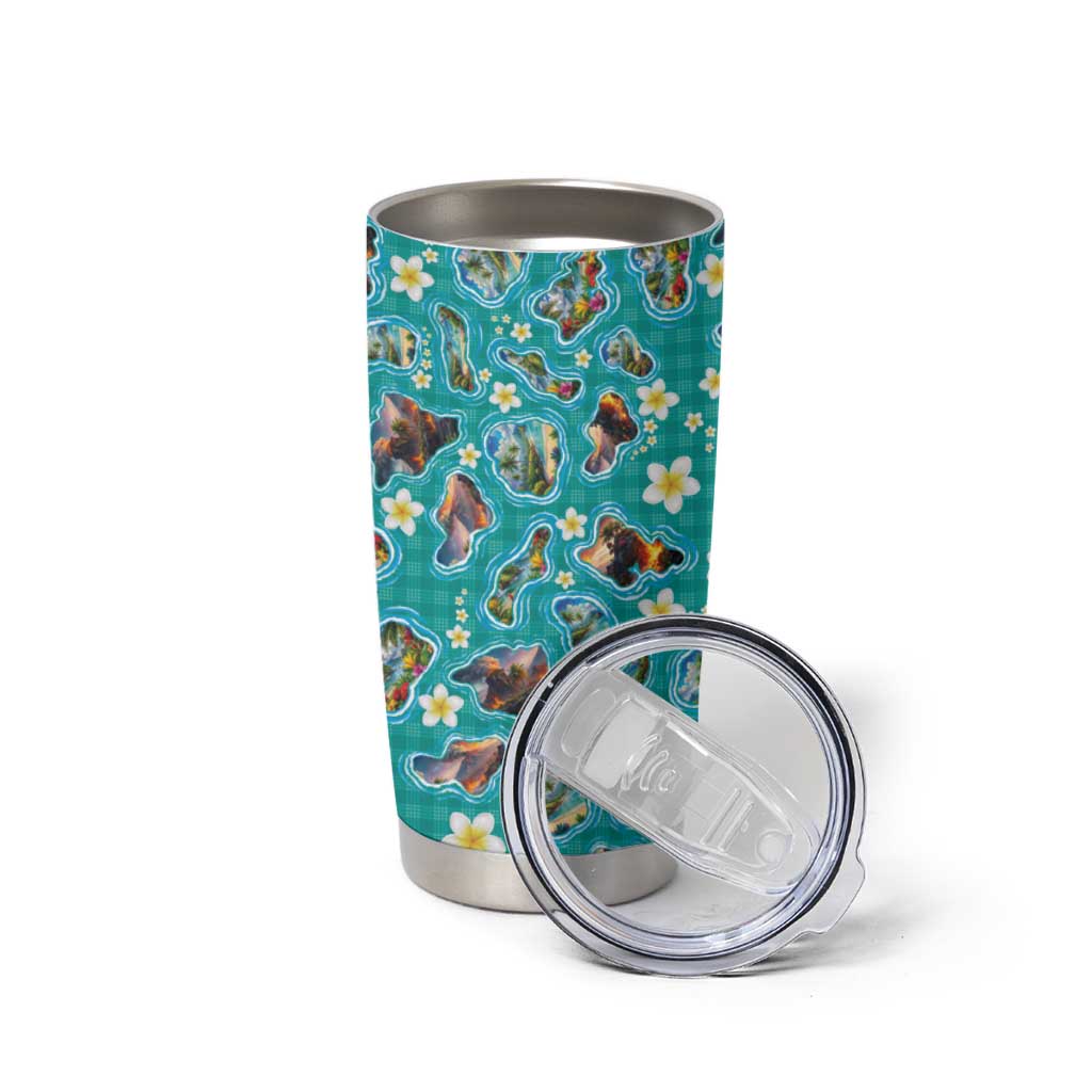 Hawaii Map with Plumeria Flower and Palaka Pattern Tumbler Cup Tropical Island Teal Design LT03 - Polynesian Pride