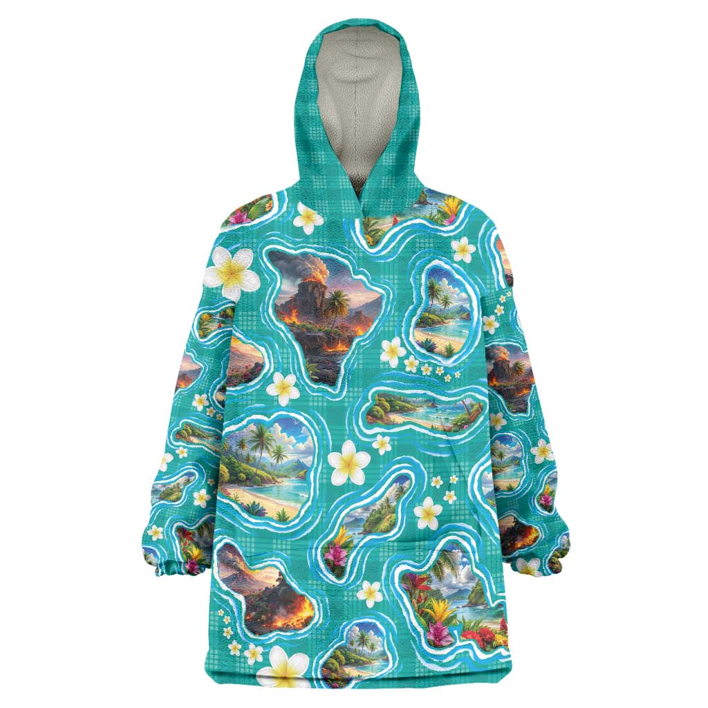 Hawaii Map with Plumeria Flower and Palaka Pattern Wearable Blanket Hoodie Tropical Island Teal Design LT03 One Size Teal - Polynesian Pride