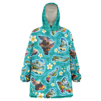 Hawaii Map with Plumeria Flower and Palaka Pattern Wearable Blanket Hoodie Tropical Island Teal Design LT03 One Size Teal - Polynesian Pride