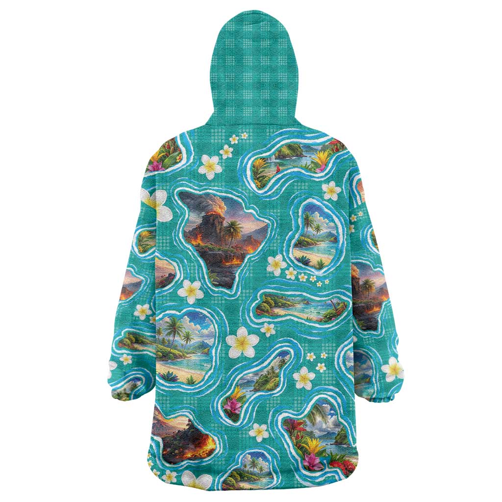 Hawaii Map with Plumeria Flower and Palaka Pattern Wearable Blanket Hoodie Tropical Island Teal Design LT03 - Polynesian Pride