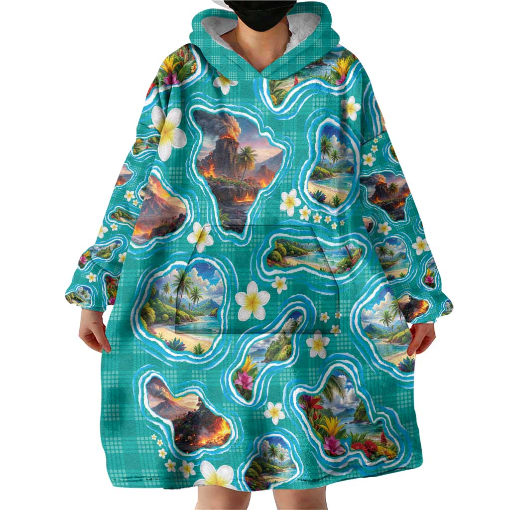 Hawaii Map with Plumeria Flower and Palaka Pattern Wearable Blanket Hoodie Tropical Island Teal Design LT03 - Polynesian Pride