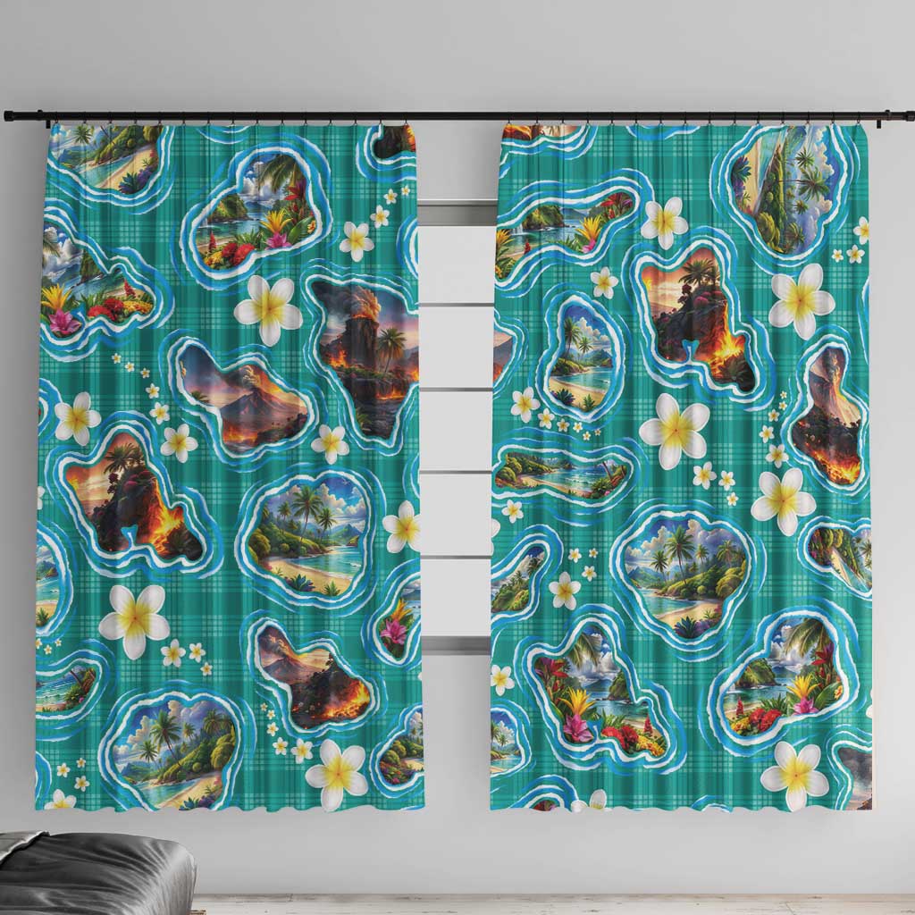 Hawaii Map with Plumeria Flower and Palaka Pattern Window Curtain Tropical Island Teal Design LT03 With Hooks Teal - Polynesian Pride