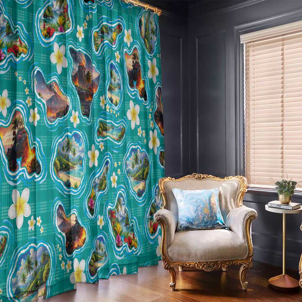 Hawaii Map with Plumeria Flower and Palaka Pattern Window Curtain Tropical Island Teal Design LT03 - Polynesian Pride