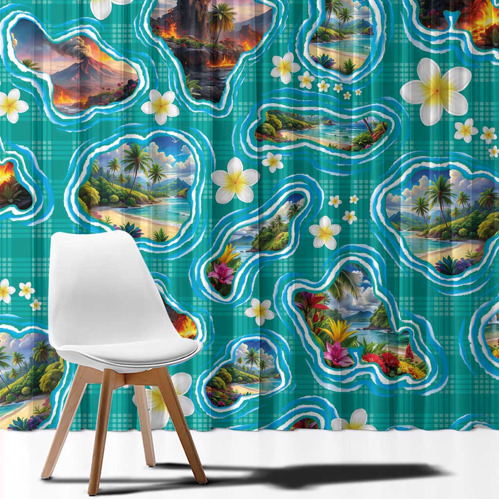 Hawaii Map with Plumeria Flower and Palaka Pattern Window Curtain Tropical Island Teal Design LT03 - Polynesian Pride