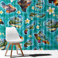 Hawaii Map with Plumeria Flower and Palaka Pattern Window Curtain Tropical Island Teal Design LT03 - Polynesian Pride