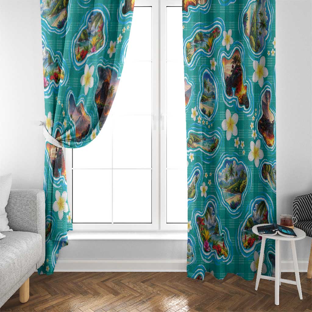 Hawaii Map with Plumeria Flower and Palaka Pattern Window Curtain Tropical Island Teal Design LT03 - Polynesian Pride