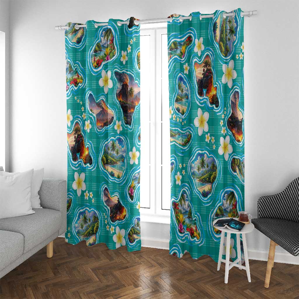 Hawaii Map with Plumeria Flower and Palaka Pattern Window Curtain Tropical Island Teal Design LT03 With Grommets Teal - Polynesian Pride