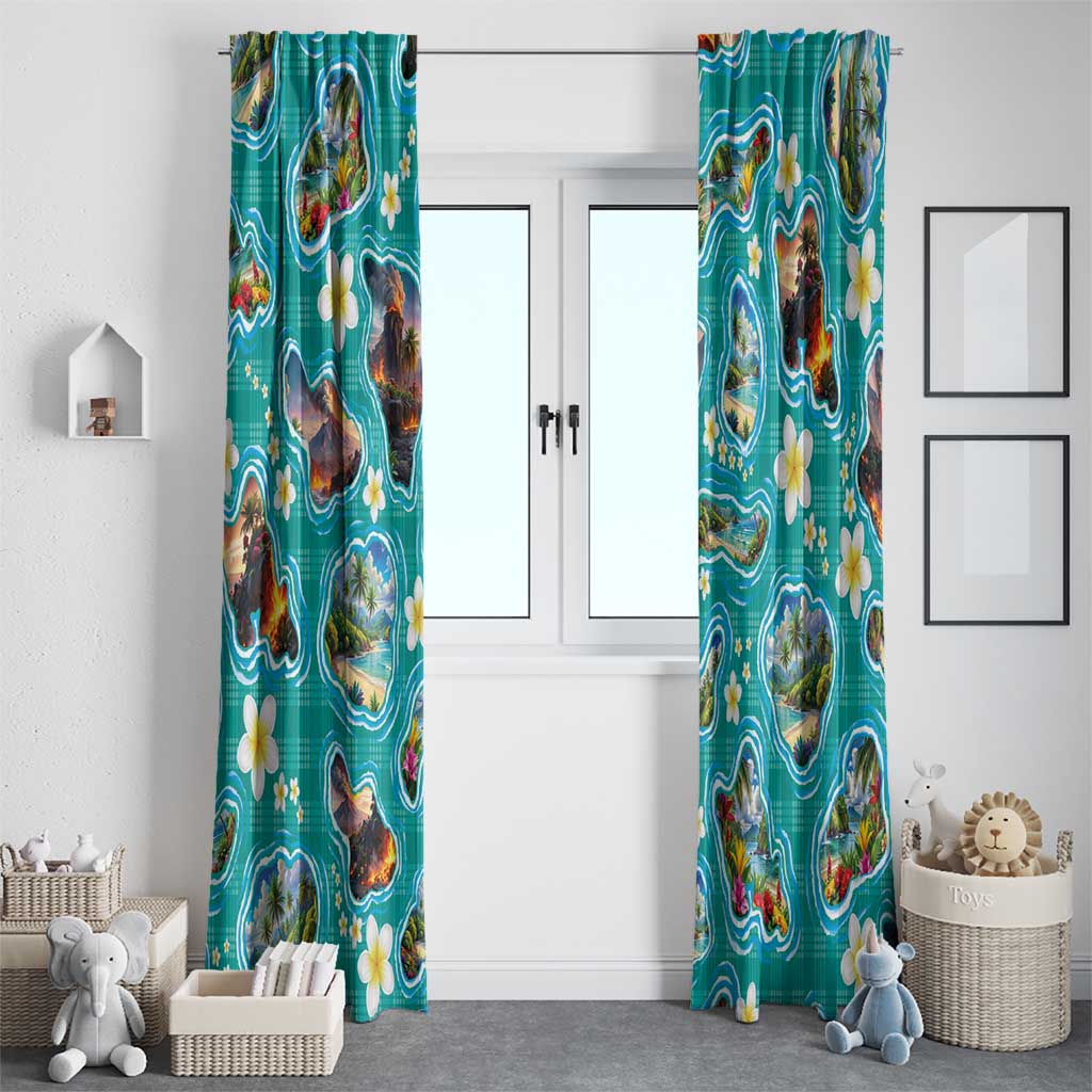 Hawaii Map with Plumeria Flower and Palaka Pattern Window Curtain Tropical Island Teal Design LT03 - Polynesian Pride