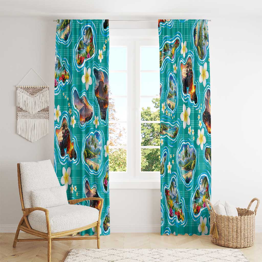 Hawaii Map with Plumeria Flower and Palaka Pattern Window Curtain Tropical Island Teal Design LT03 - Polynesian Pride