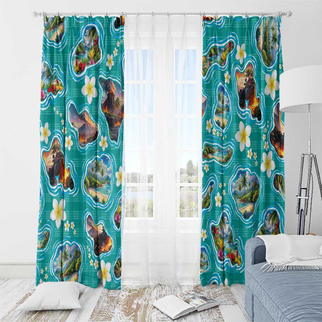 Hawaii Map with Plumeria Flower and Palaka Pattern Window Curtain Tropical Island Teal Design LT03 - Polynesian Pride