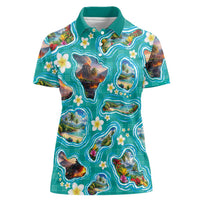 Hawaii Map with Plumeria Flower and Palaka Pattern Women Polo Shirt Tropical Island Teal Design LT03 Female Teal - Polynesian Pride