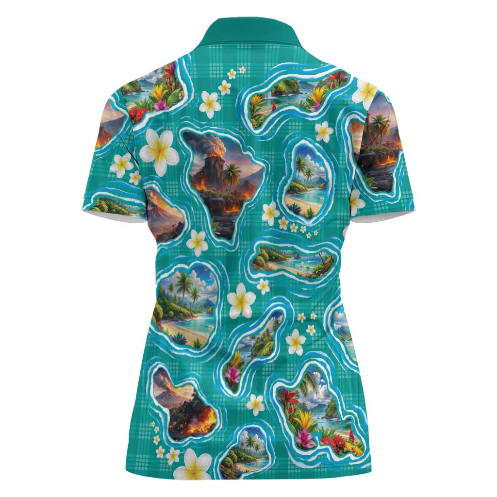 Hawaii Map with Plumeria Flower and Palaka Pattern Women Polo Shirt Tropical Island Teal Design LT03 - Polynesian Pride