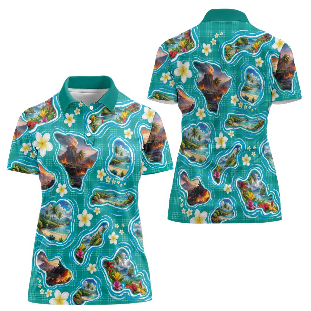Hawaii Map with Plumeria Flower and Palaka Pattern Women Polo Shirt Tropical Island Teal Design LT03 - Polynesian Pride