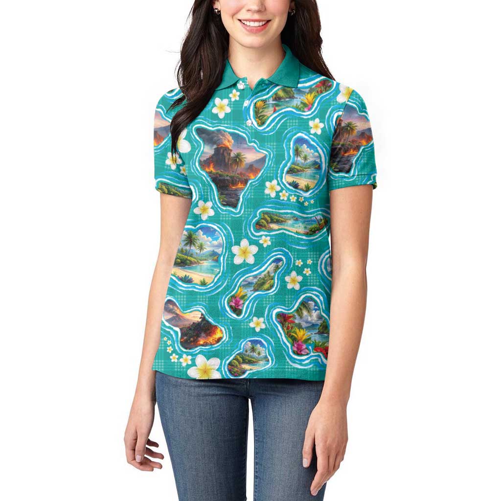 Hawaii Map with Plumeria Flower and Palaka Pattern Women Polo Shirt Tropical Island Teal Design LT03 - Polynesian Pride