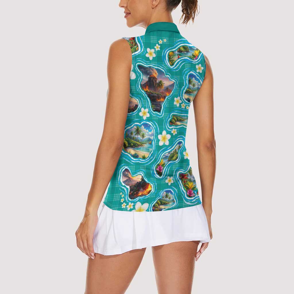 Hawaii Map with Plumeria Flower and Palaka Pattern Women Sleeveless Polo Shirt Tropical Island Teal Design LT03 - Polynesian Pride