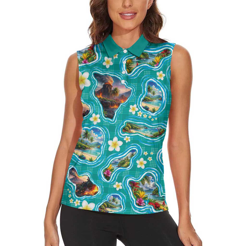 Hawaii Map with Plumeria Flower and Palaka Pattern Women Sleeveless Polo Shirt Tropical Island Teal Design LT03 - Polynesian Pride