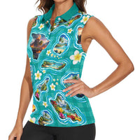 Hawaii Map with Plumeria Flower and Palaka Pattern Women Sleeveless Polo Shirt Tropical Island Teal Design LT03 - Polynesian Pride