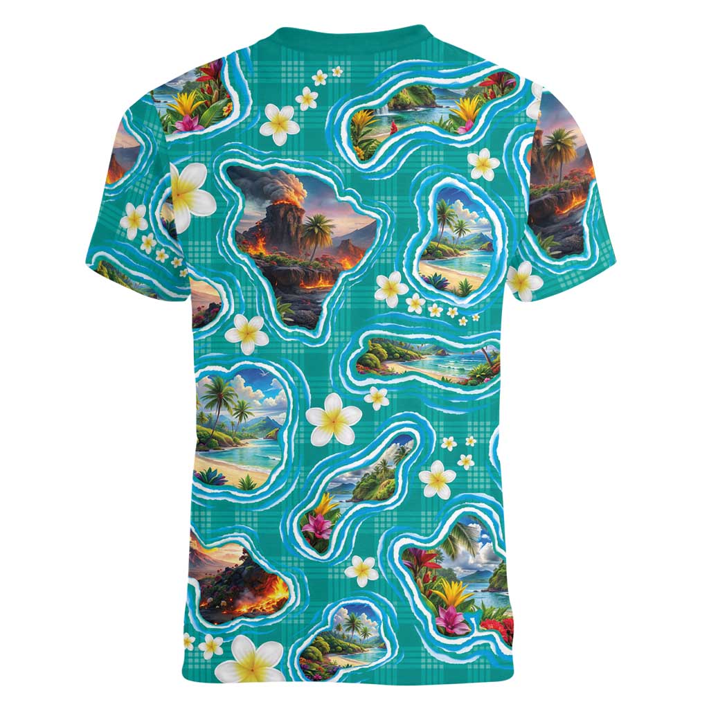 Hawaii Map with Plumeria Flower and Palaka Pattern Women V-Neck T-Shirt Tropical Island Teal Design LT03 - Polynesian Pride
