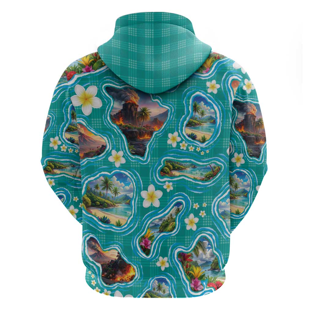 Hawaii Map with Plumeria Flower and Palaka Pattern Zip Hoodie Tropical Island Teal Design LT03 - Polynesian Pride