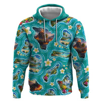 Hawaii Map with Plumeria Flower and Palaka Pattern Zip Hoodie Tropical Island Teal Design LT03 Pullover Hoodie Teal - Polynesian Pride