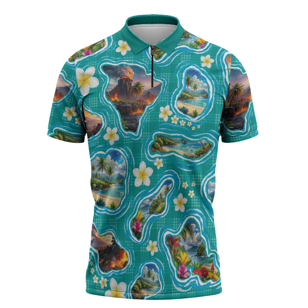 Hawaii Map with Plumeria Flower and Palaka Pattern Zipper Polo Shirt Tropical Island Teal Design LT03 Teal - Polynesian Pride