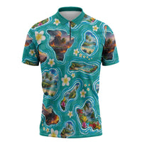 Hawaii Map with Plumeria Flower and Palaka Pattern Zipper Polo Shirt Tropical Island Teal Design LT03 Teal - Polynesian Pride