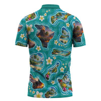Hawaii Map with Plumeria Flower and Palaka Pattern Zipper Polo Shirt Tropical Island Teal Design LT03 - Polynesian Pride