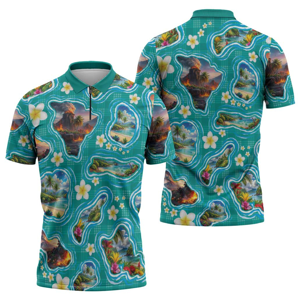 Hawaii Map with Plumeria Flower and Palaka Pattern Zipper Polo Shirt Tropical Island Teal Design LT03 - Polynesian Pride