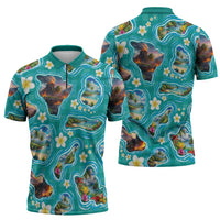 Hawaii Map with Plumeria Flower and Palaka Pattern Zipper Polo Shirt Tropical Island Teal Design LT03 - Polynesian Pride