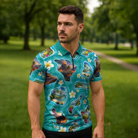 Hawaii Map with Plumeria Flower and Palaka Pattern Zipper Polo Shirt Tropical Island Teal Design LT03 - Polynesian Pride
