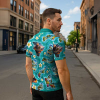 Hawaii Map with Plumeria Flower and Palaka Pattern Zipper Polo Shirt Tropical Island Teal Design LT03 - Polynesian Pride