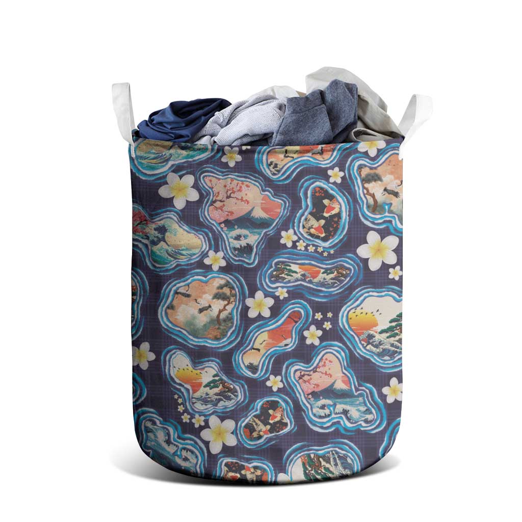 Hawaii Islands Map Design with Japanese Landscape Laundry Basket Hawaiian Japan Fusion Art Navy Color LT03 - Polynesian Pride