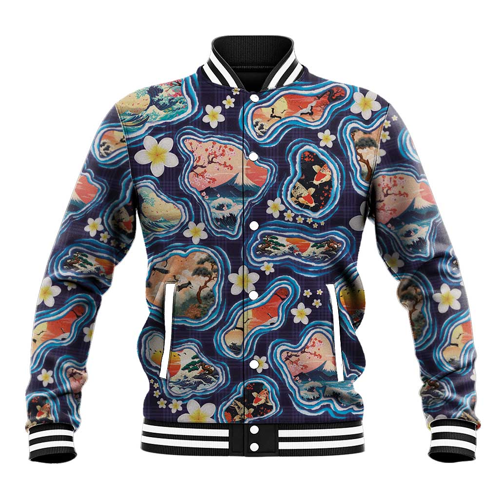 Hawaii Islands Map Design with Japanese Landscape Baseball Jacket Hawaiian Japan Fusion Art Navy Color LT03 Unisex Navy - Polynesian Pride