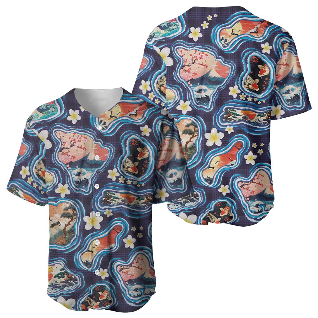 Hawaii Islands Map Design with Japanese Landscape Baseball Jersey Hawaiian Japan Fusion Art Navy Color