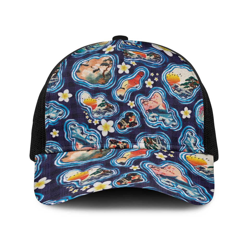 Hawaii Islands Map Design with Japanese Landscape Baseball Net Cap Hawaiian Japan Fusion Art Navy Color