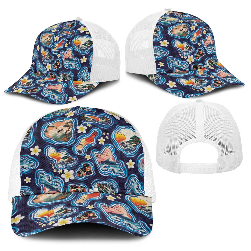 Hawaii Islands Map Design with Japanese Landscape Baseball Net Cap Hawaiian Japan Fusion Art Navy Color