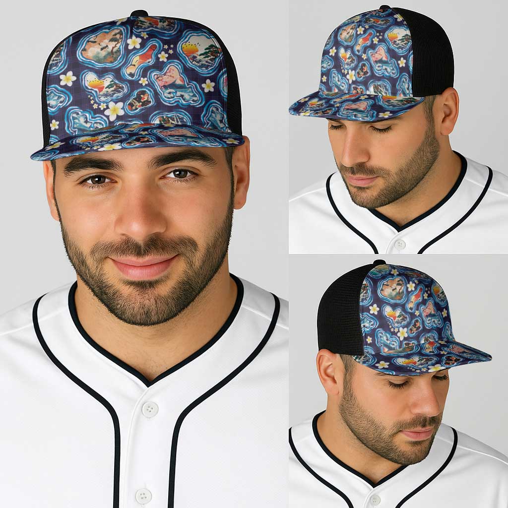 Hawaii Islands Map Design with Japanese Landscape Baseball Net Cap Hawaiian Japan Fusion Art Navy Color