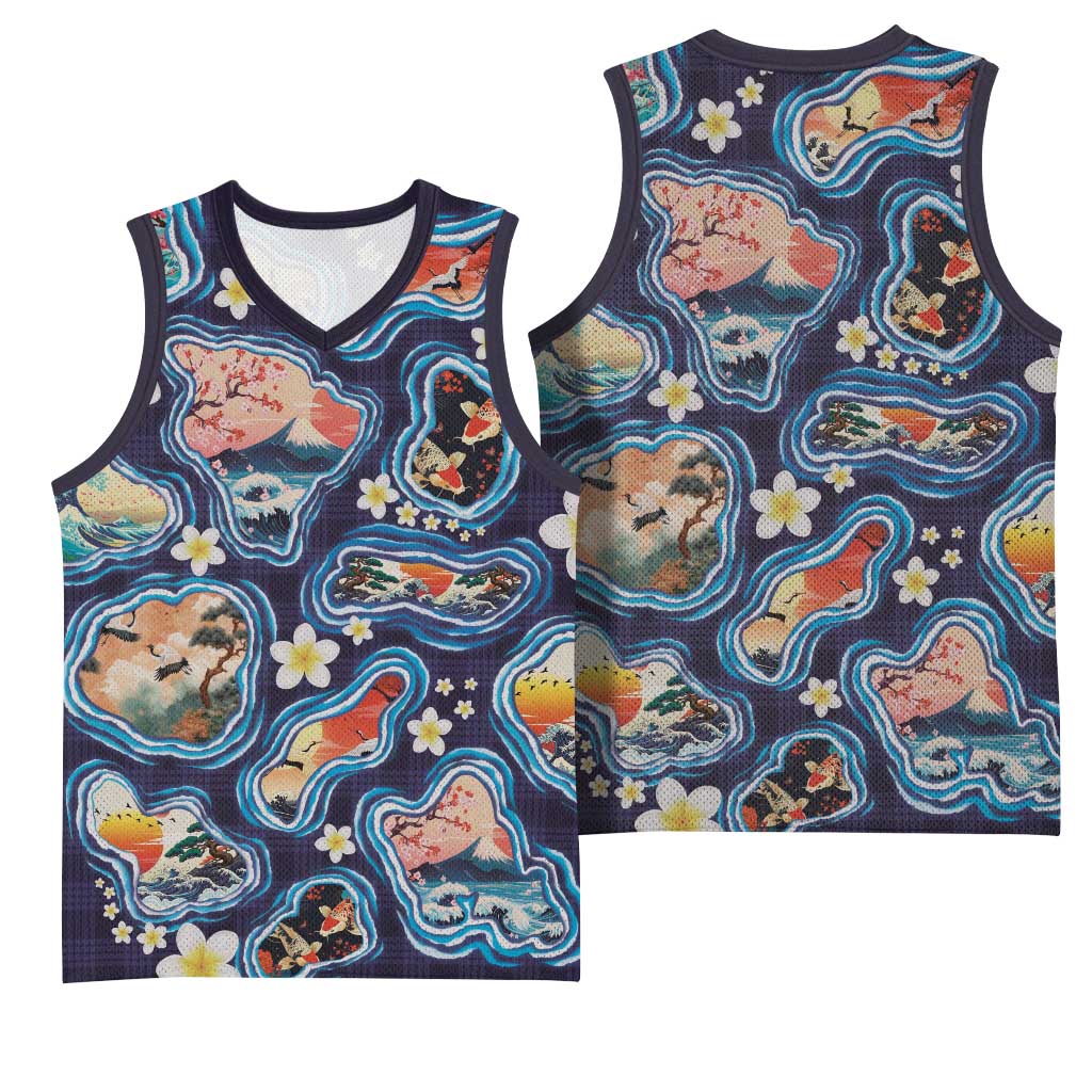 Hawaii Islands Map Design with Japanese Landscape Basketball Jersey Hawaiian Japan Fusion Art Navy Color