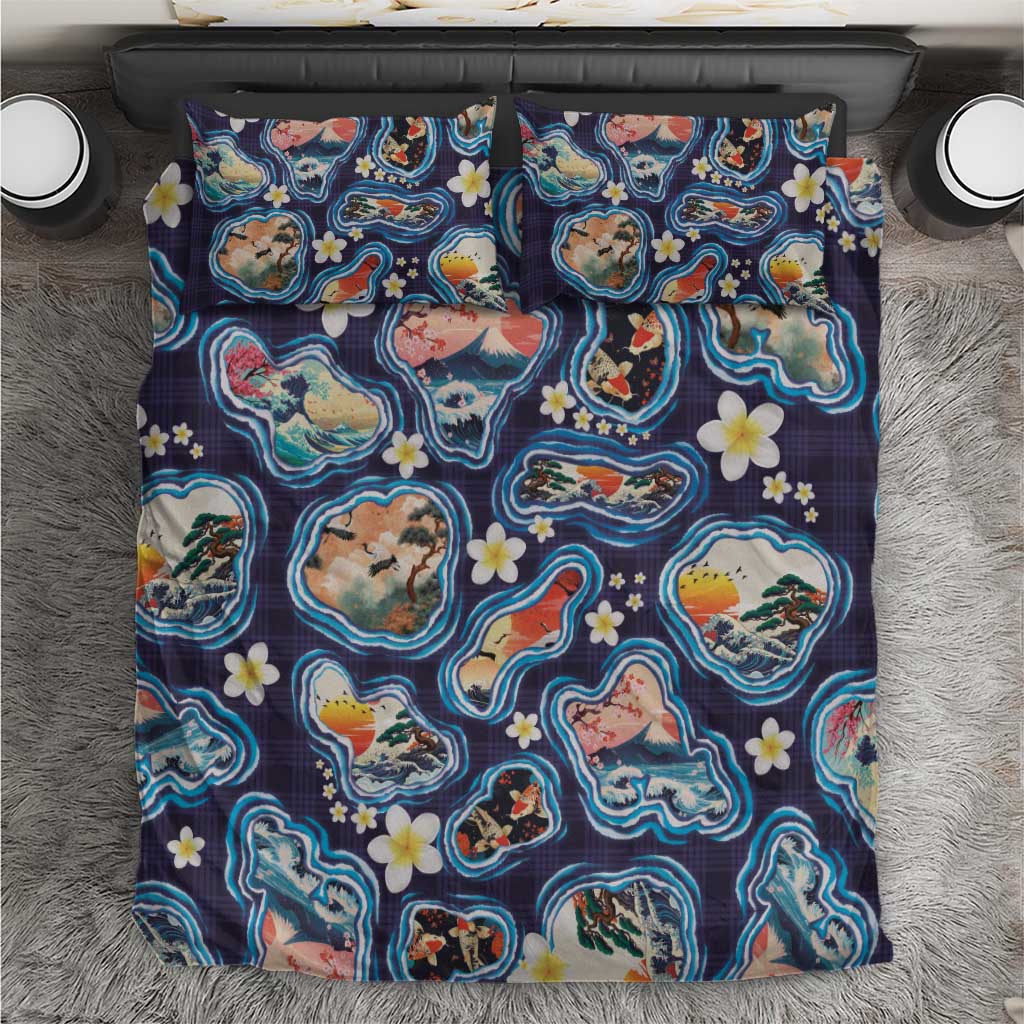 Hawaii Islands Map Design with Japanese Landscape Bedding Set Hawaiian Japan Fusion Art Navy Color LT03 Navy - Polynesian Pride