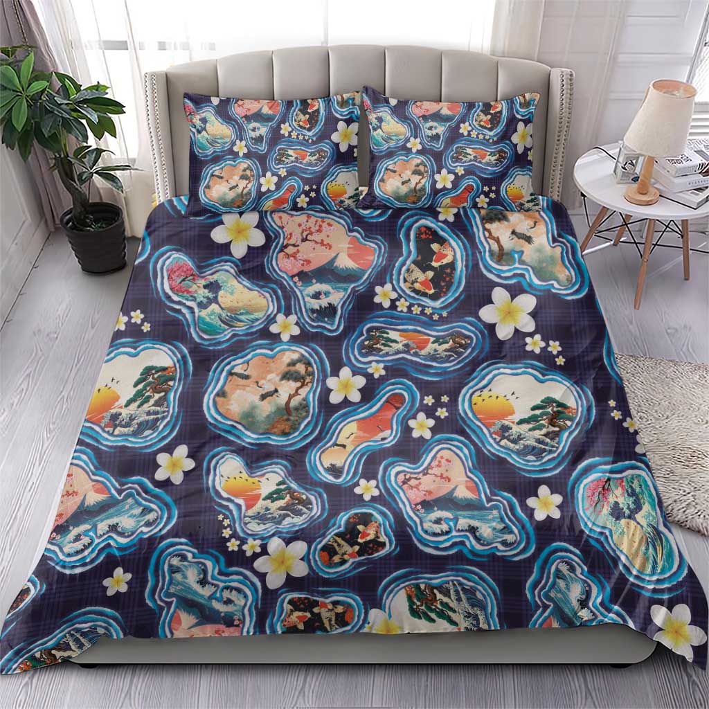 Hawaii Islands Map Design with Japanese Landscape Bedding Set Hawaiian Japan Fusion Art Navy Color LT03 - Polynesian Pride