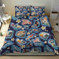 Hawaii Islands Map Design with Japanese Landscape Bedding Set Hawaiian Japan Fusion Art Navy Color LT03 - Polynesian Pride