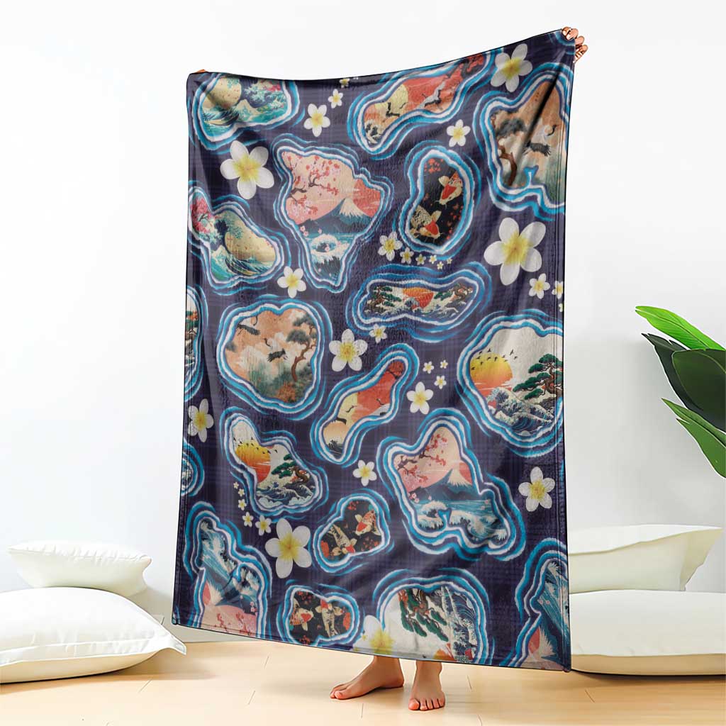 Hawaii Islands Map Design with Japanese Landscape Blanket Hawaiian Japan Fusion Art Navy Color