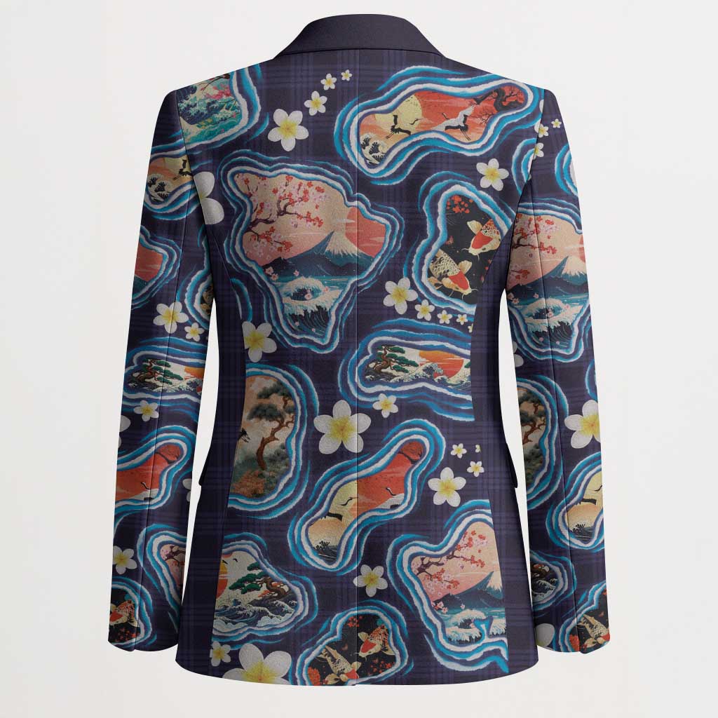 Hawaii Islands Map Design with Japanese Landscape Blazer Hawaiian Japan Fusion Art Navy Color LT03 - Polynesian Pride