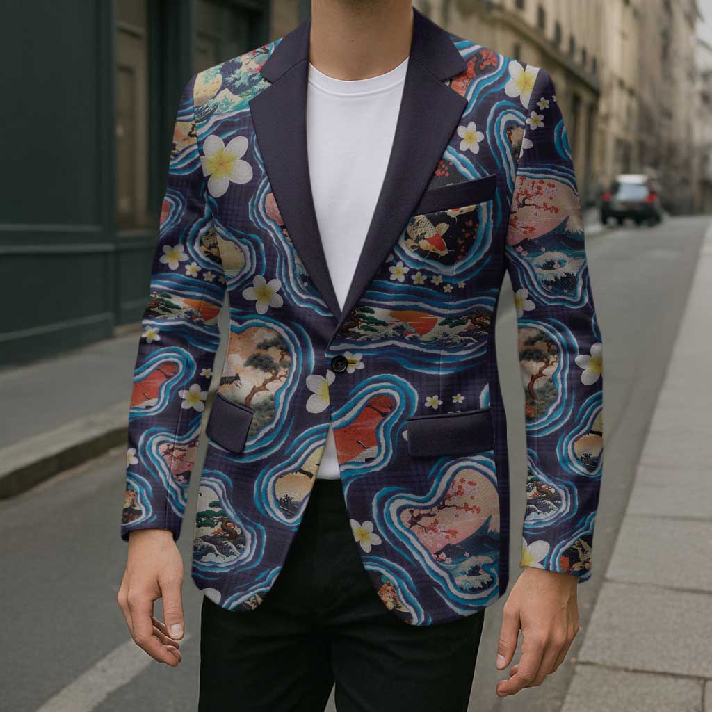 Hawaii Islands Map Design with Japanese Landscape Blazer Hawaiian Japan Fusion Art Navy Color LT03 - Polynesian Pride