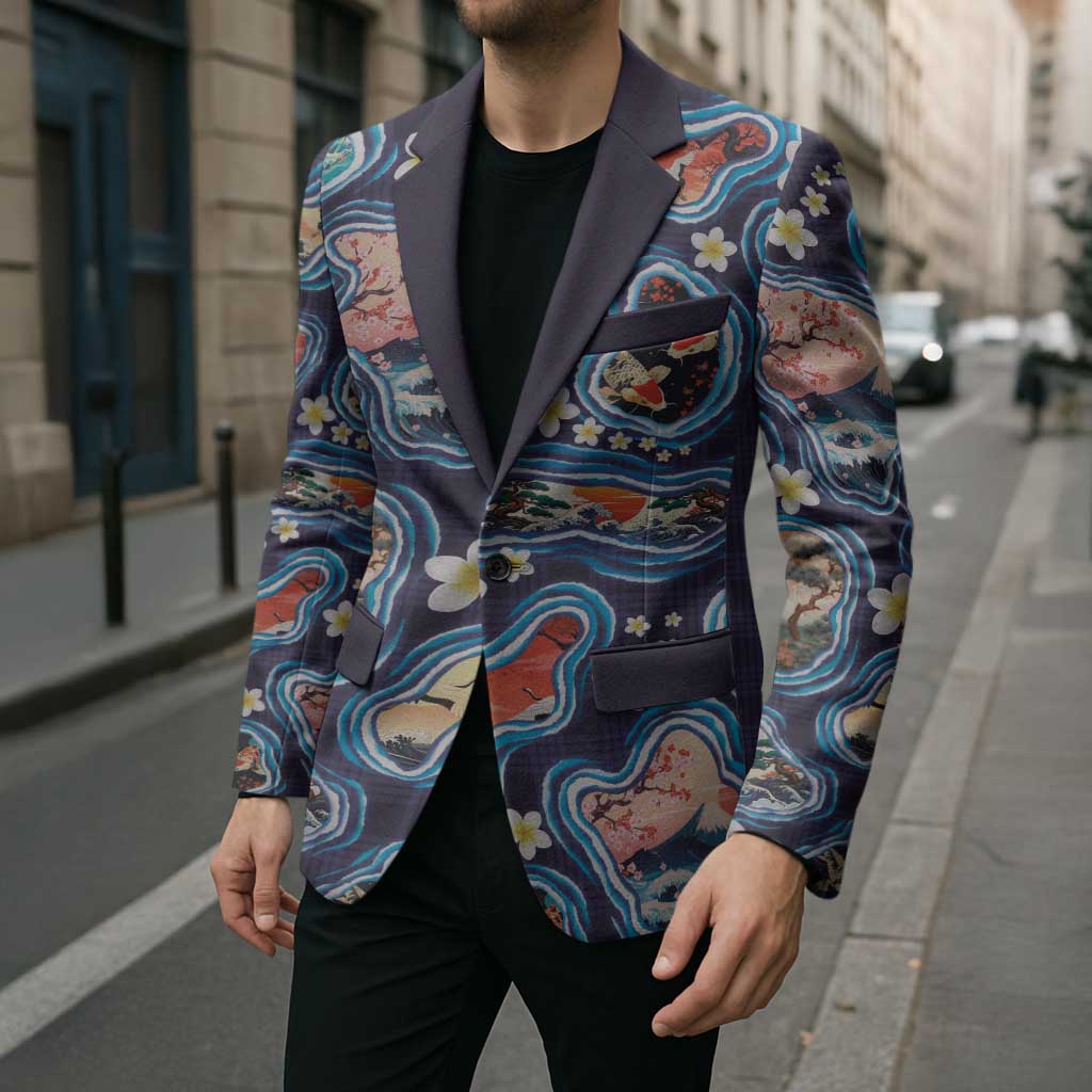 Hawaii Islands Map Design with Japanese Landscape Blazer Hawaiian Japan Fusion Art Navy Color LT03 - Polynesian Pride