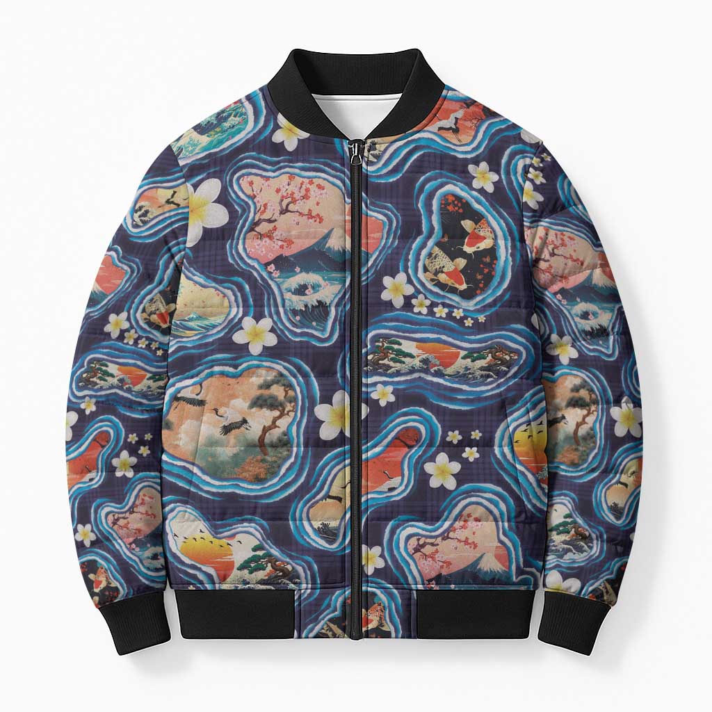 Hawaii Islands Map Design with Japanese Landscape Bomber Puffer Jacket Hawaiian Japan Fusion Art Navy Color LT03 Unisex Navy - Polynesian Pride