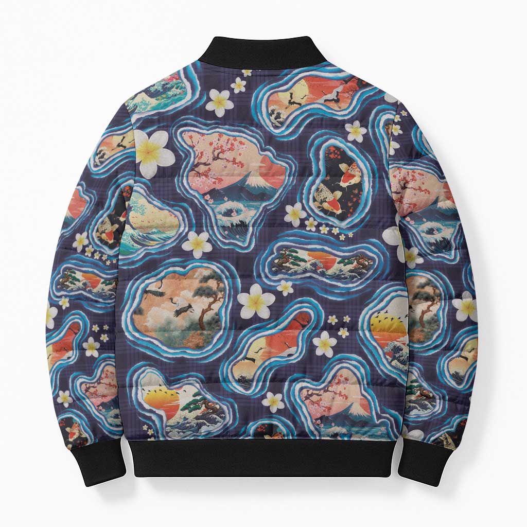 Hawaii Islands Map Design with Japanese Landscape Bomber Puffer Jacket Hawaiian Japan Fusion Art Navy Color LT03 - Polynesian Pride